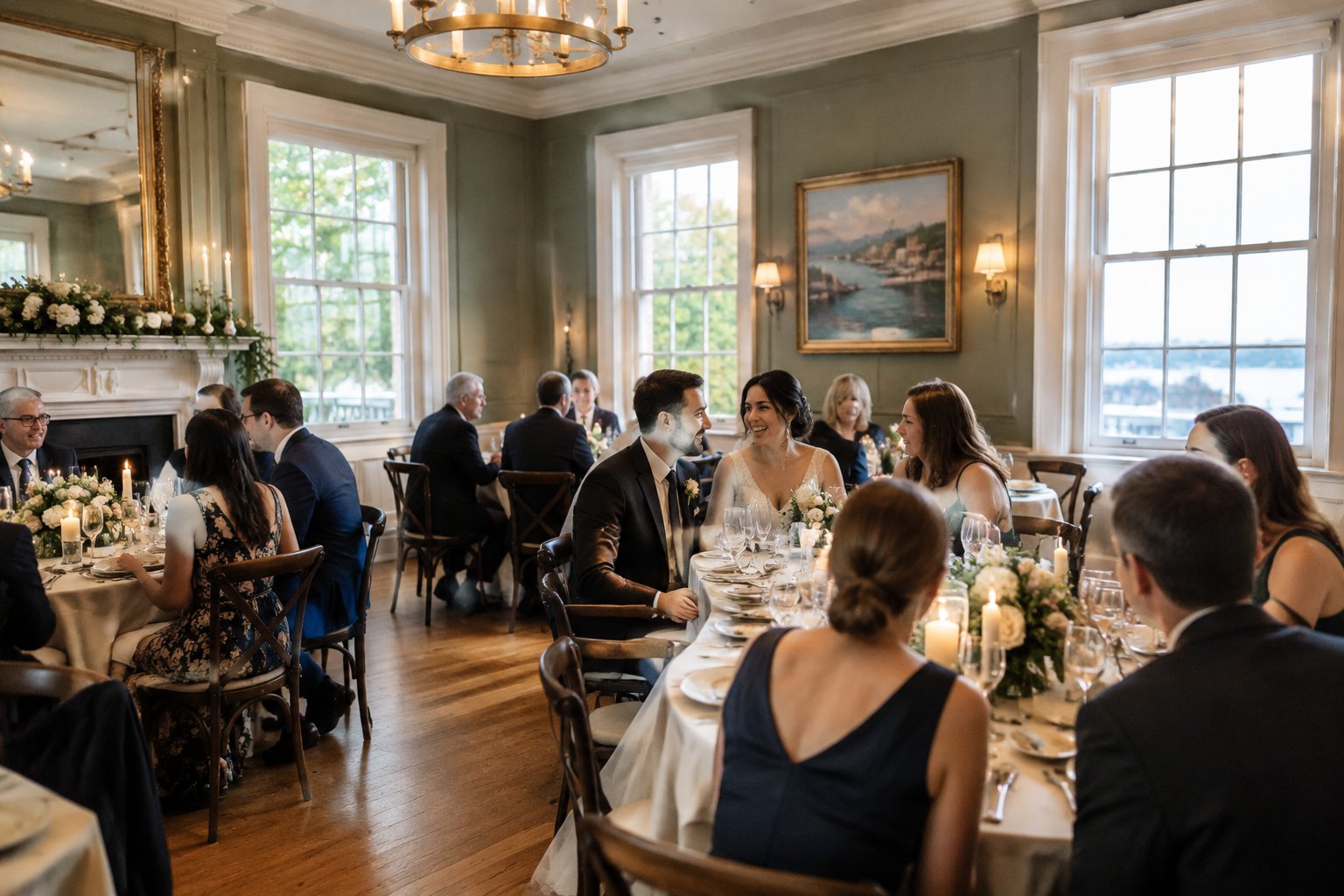 A couple celebrates with guests at a small wedding reception in a warmly lit venue.