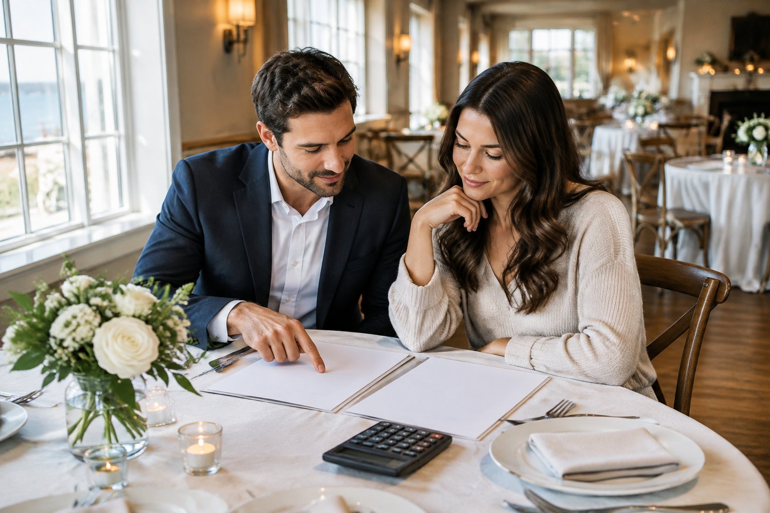 A couple reviews venue proposals at a table in an intimate wedding venue.