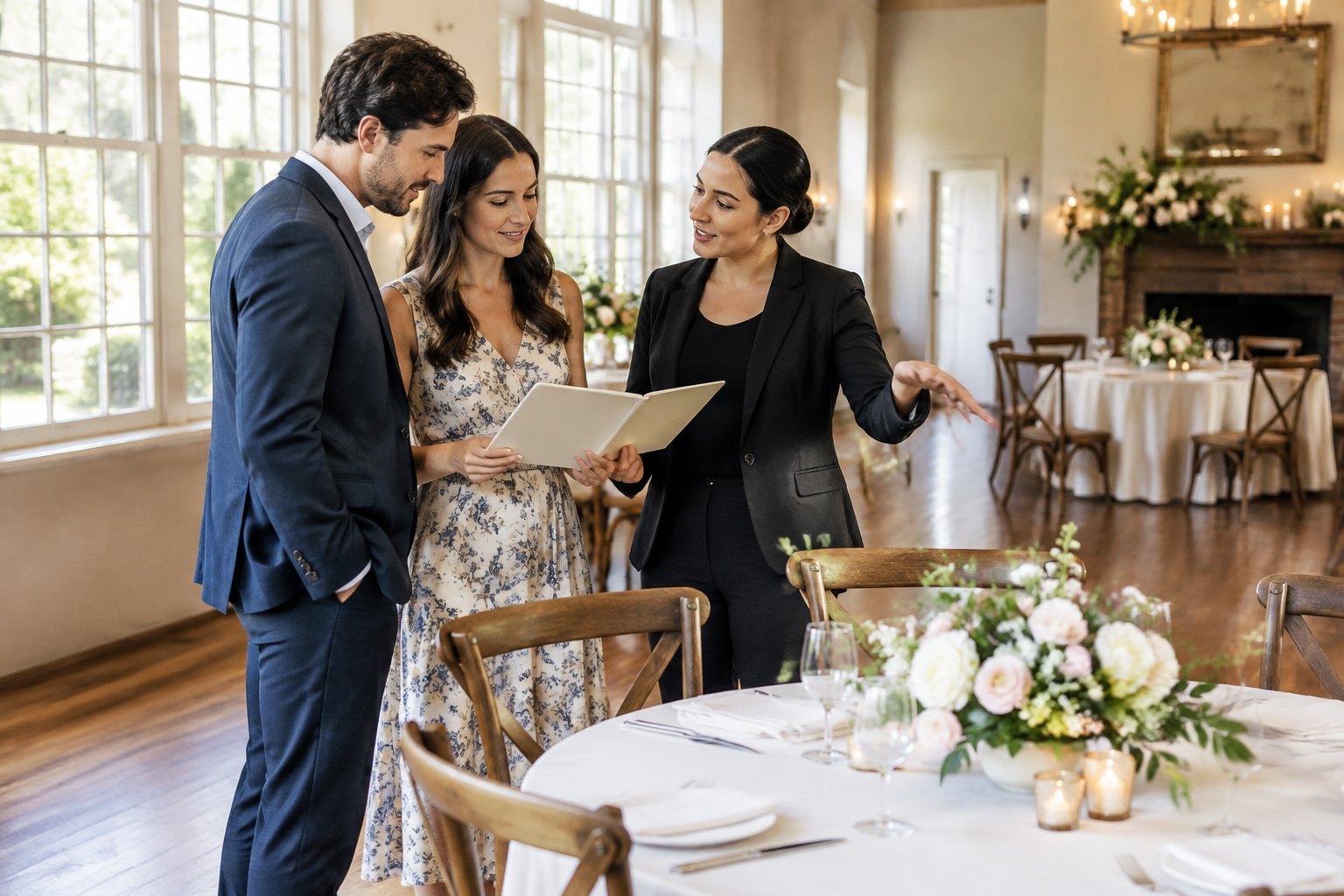A couple reviews venue details with a coordinator in a small wedding reception room.