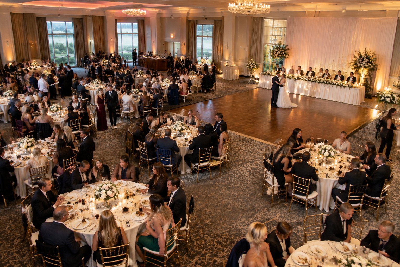 Guests celebrate at a wedding reception in a spacious venue.
