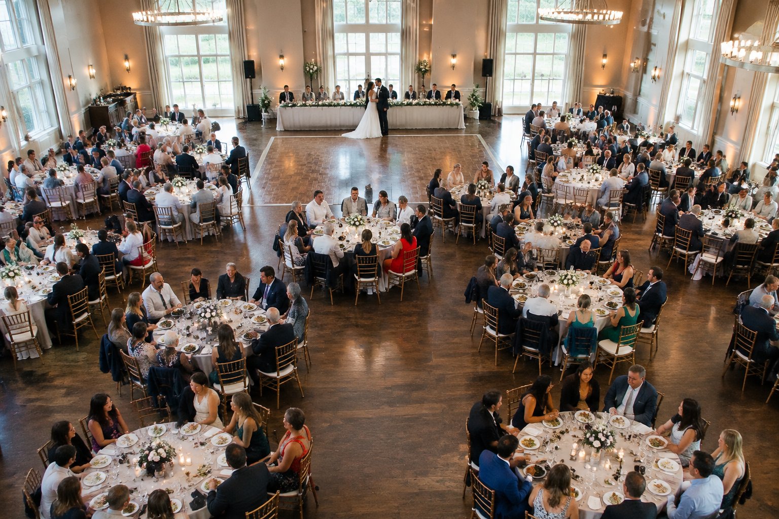 Guests dine and celebrate at tables in a spacious wedding reception venue.