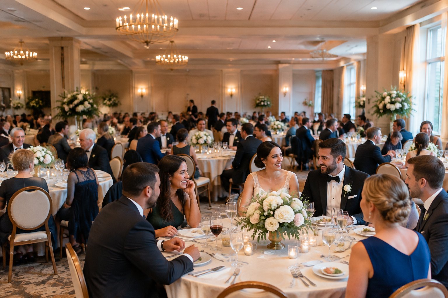 A newlywed couple celebrates with guests seated at tables in a wedding reception hall.