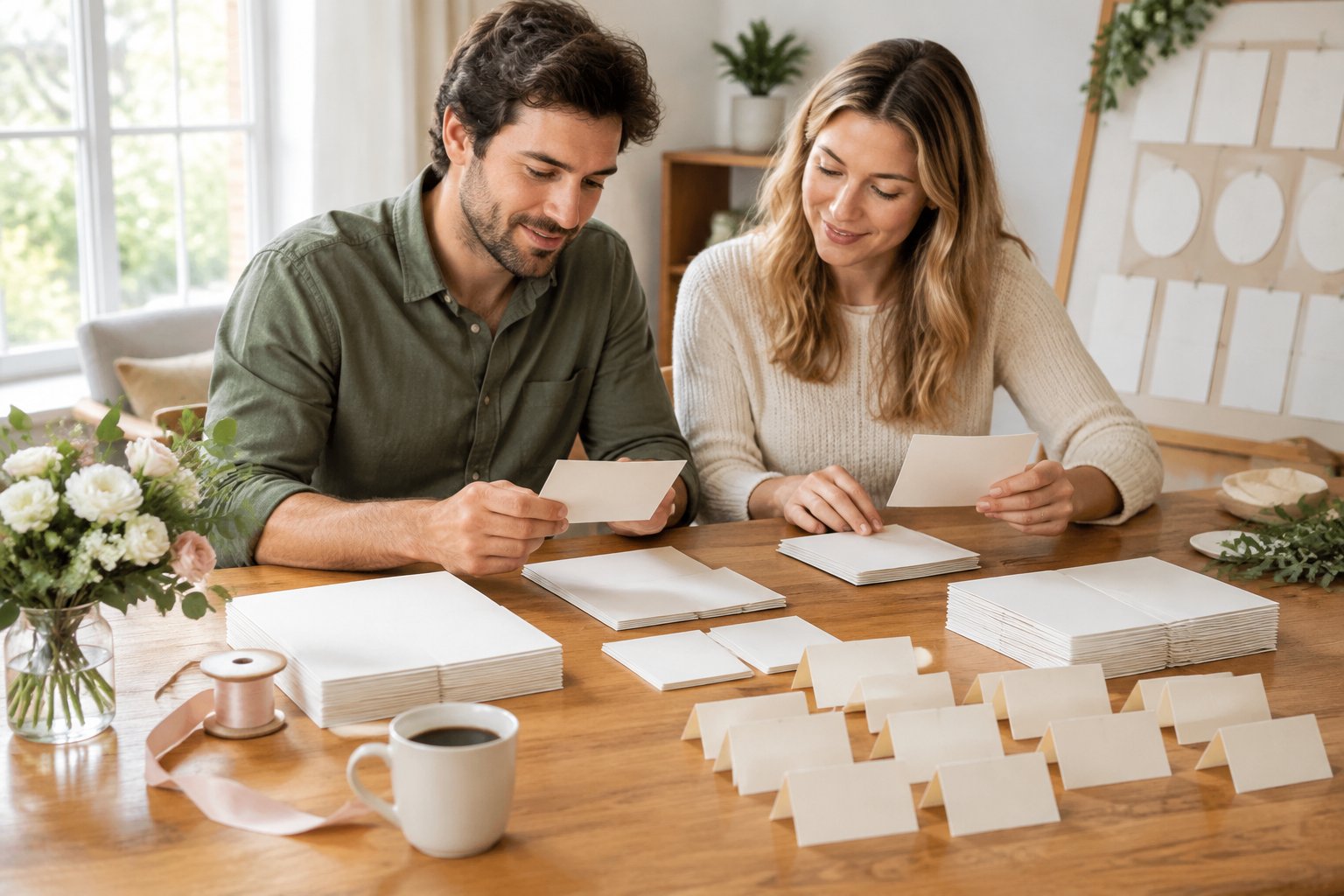 A couple sorts blank wedding invitations and place cards at a table.