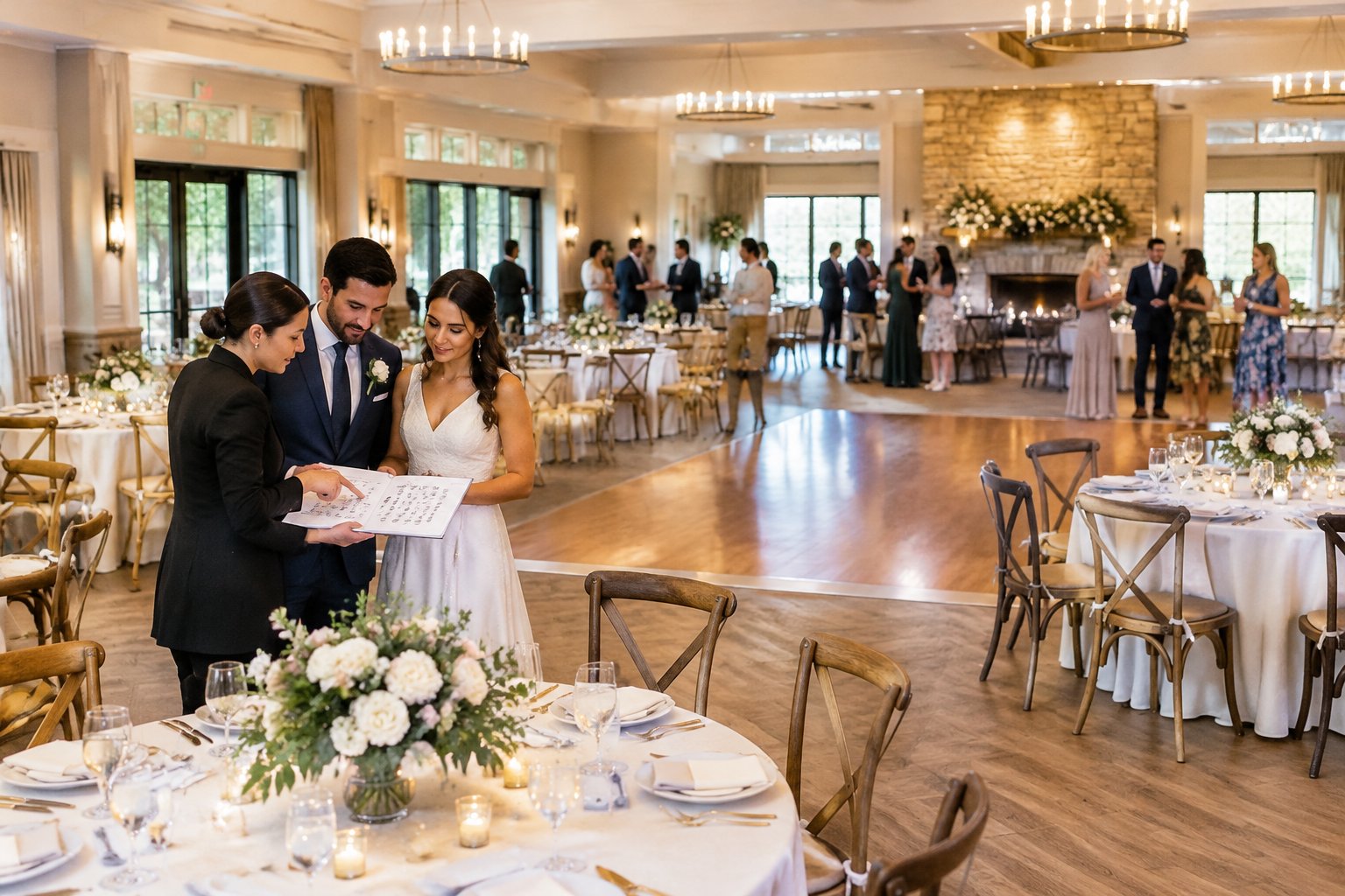 A couple and venue coordinator review a seating plan in a wedding reception room set for guests.
