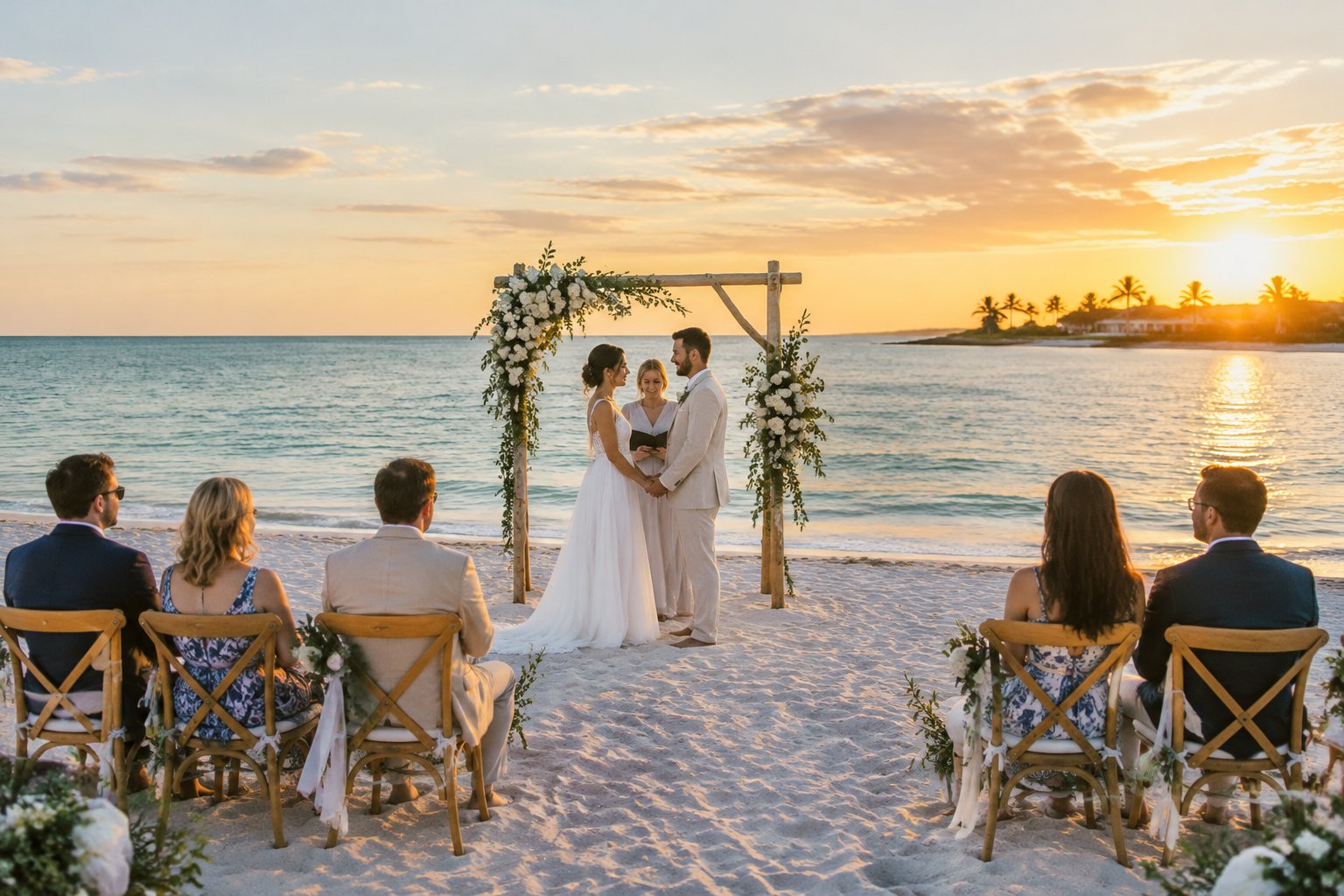 A couple exchanges vows beside the water at a small beach wedding.