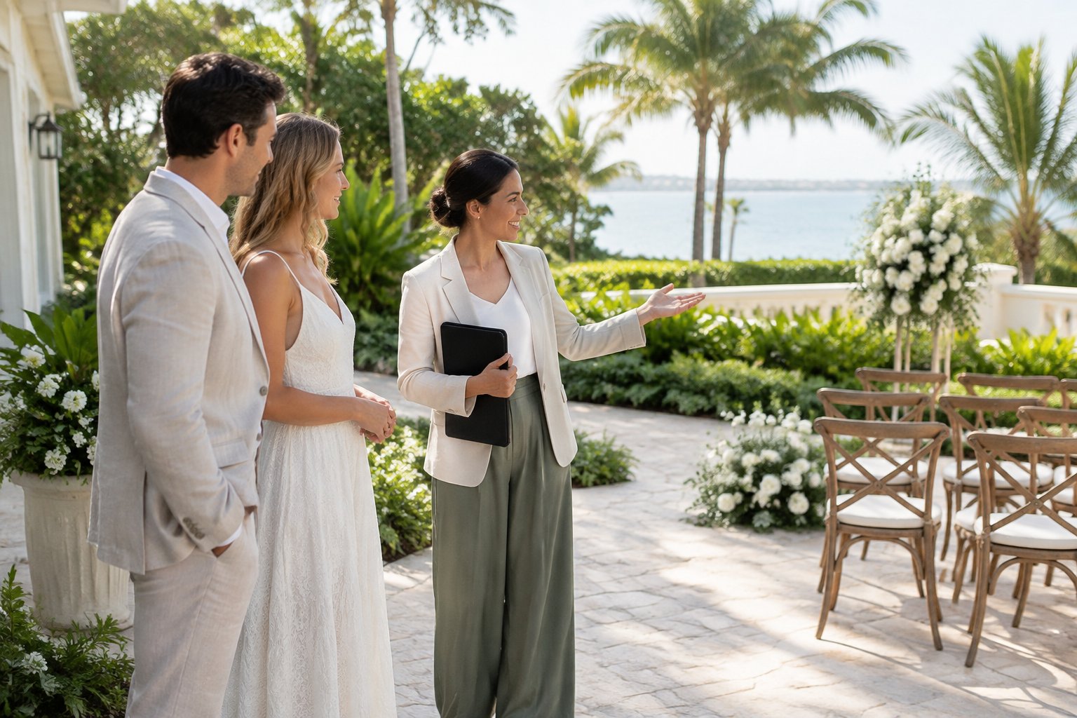 A couple and wedding planner discuss a small garden wedding venue.