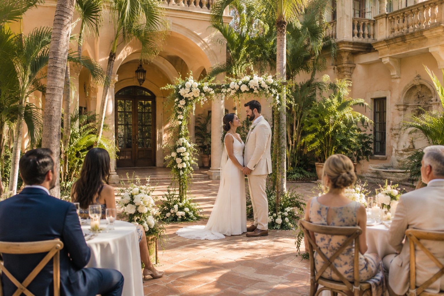 A couple celebrates with a small group of guests in a historic courtyard.
