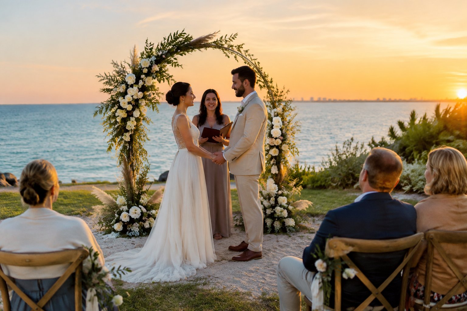 A couple celebrates an intimate wedding ceremony beside the water with a few seated guests.