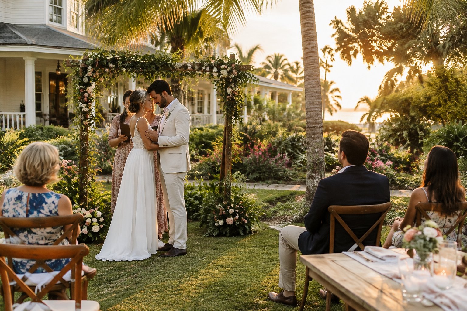 A couple shares a quiet moment beneath a floral arch as guests gather in a garden.