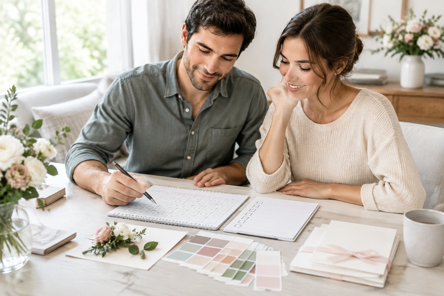 An engaged couple reviews wedding plans together at a table.