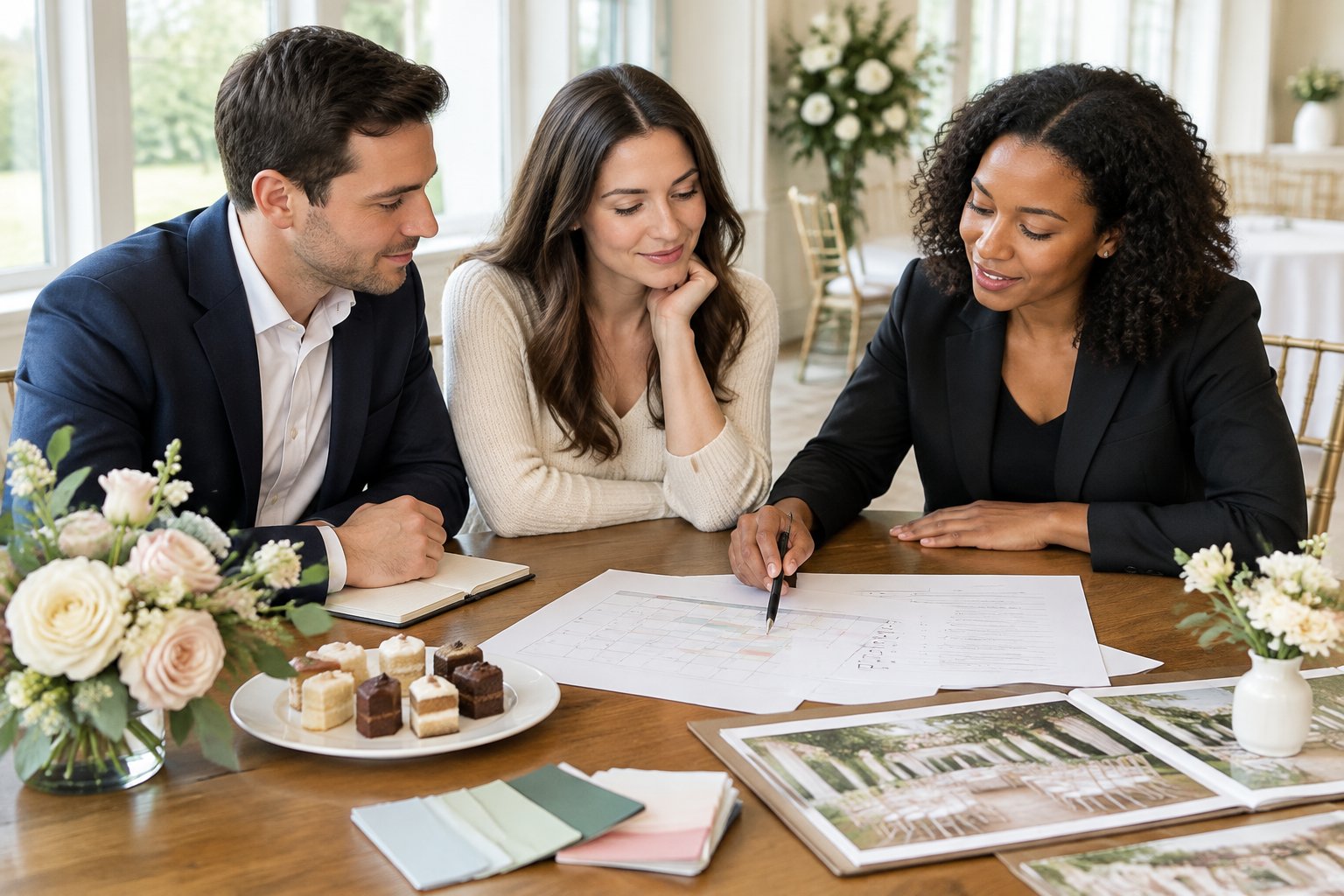 A couple reviews wedding plans with a wedding planner at a table.