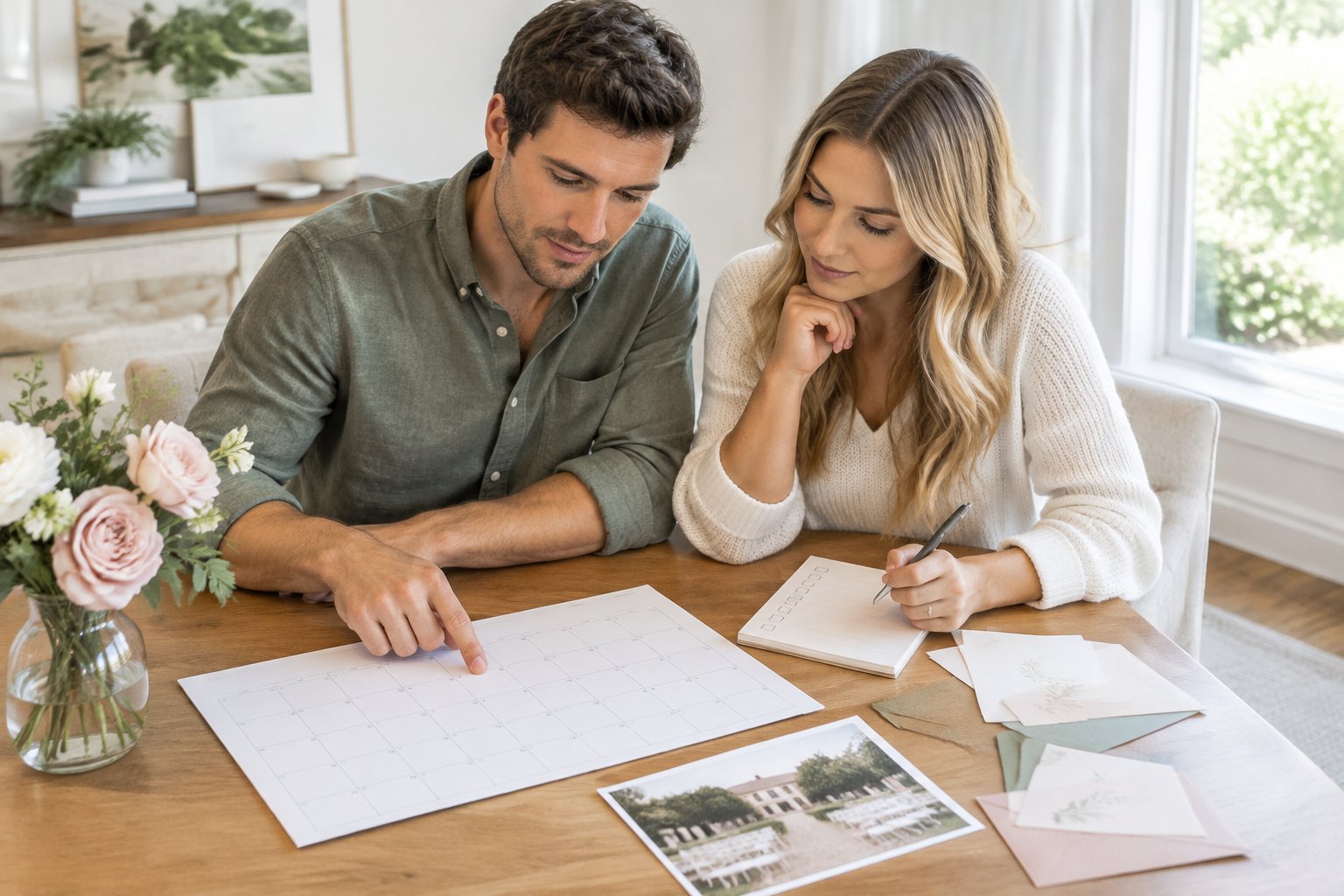 An engaged couple reviews wedding planning materials and a calendar together at a table.