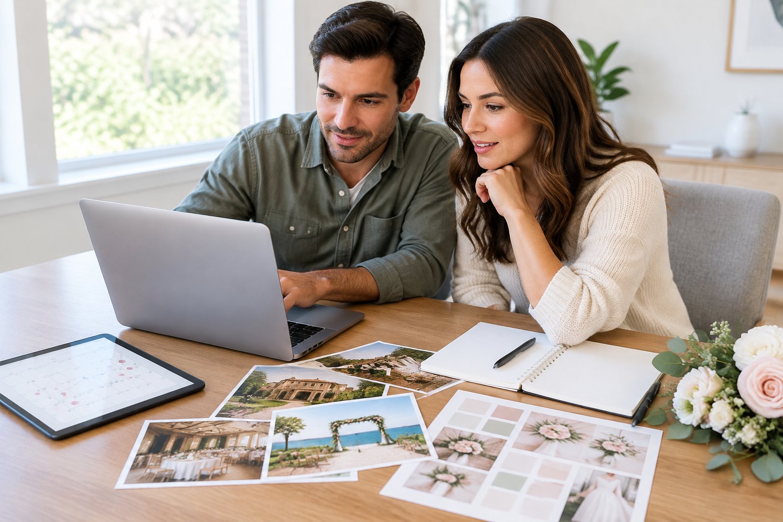 An engaged couple compares wedding venues and vendor options at a table.