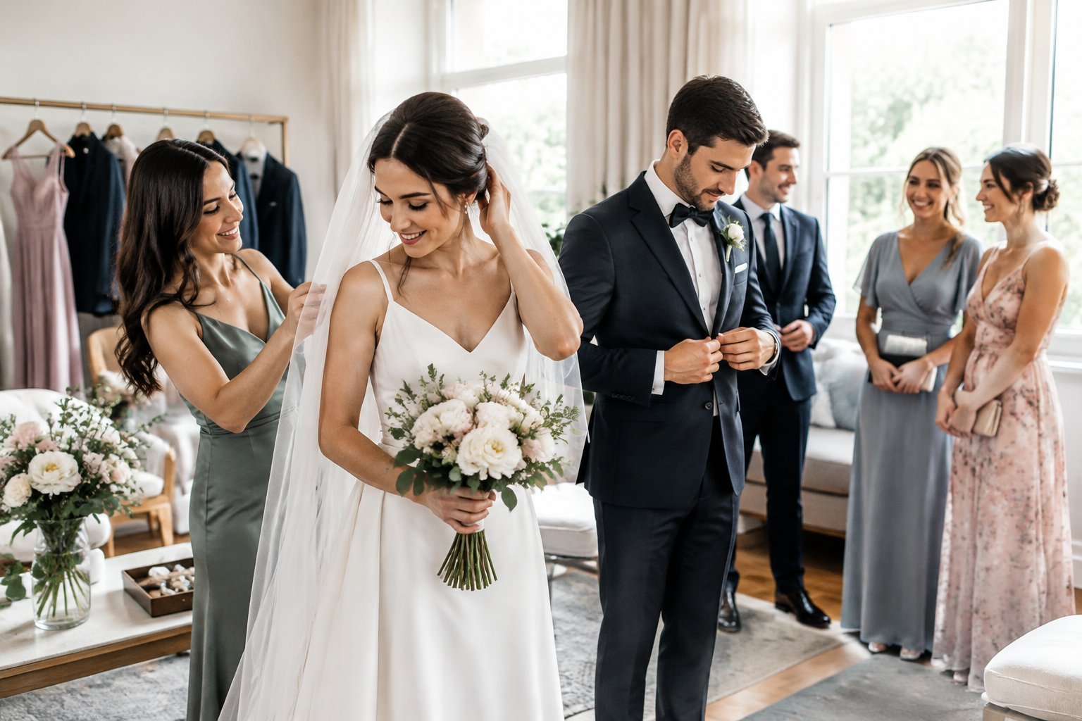A couple and their guests get ready in formal wedding attire.
