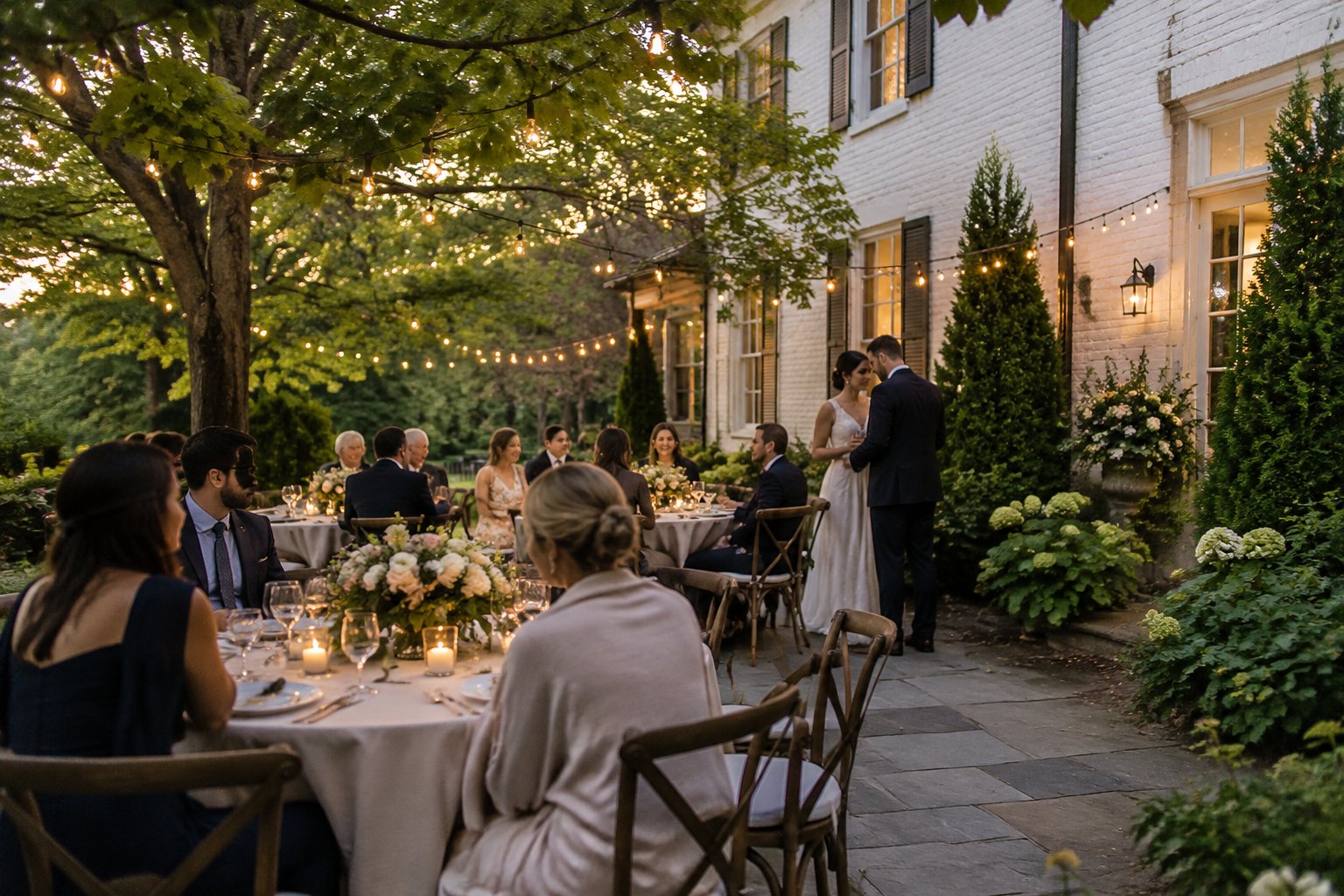 A couple shares a quiet moment at an intimate outdoor wedding reception.