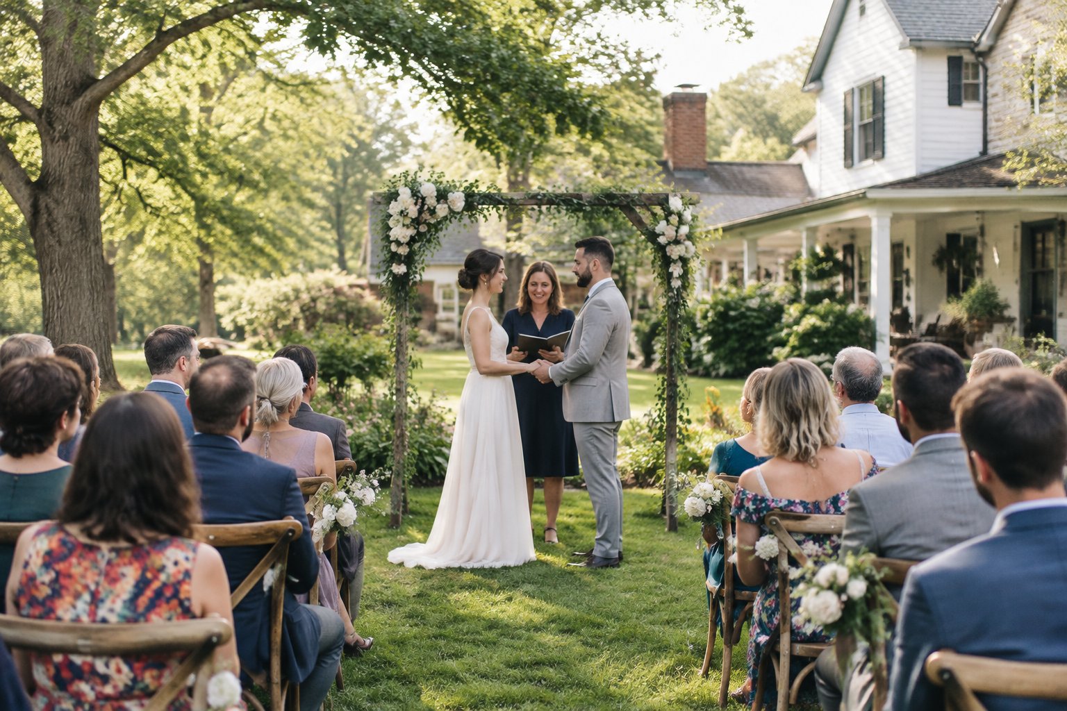 A couple exchanges vows beneath a garden arbor as a small group of guests watches.