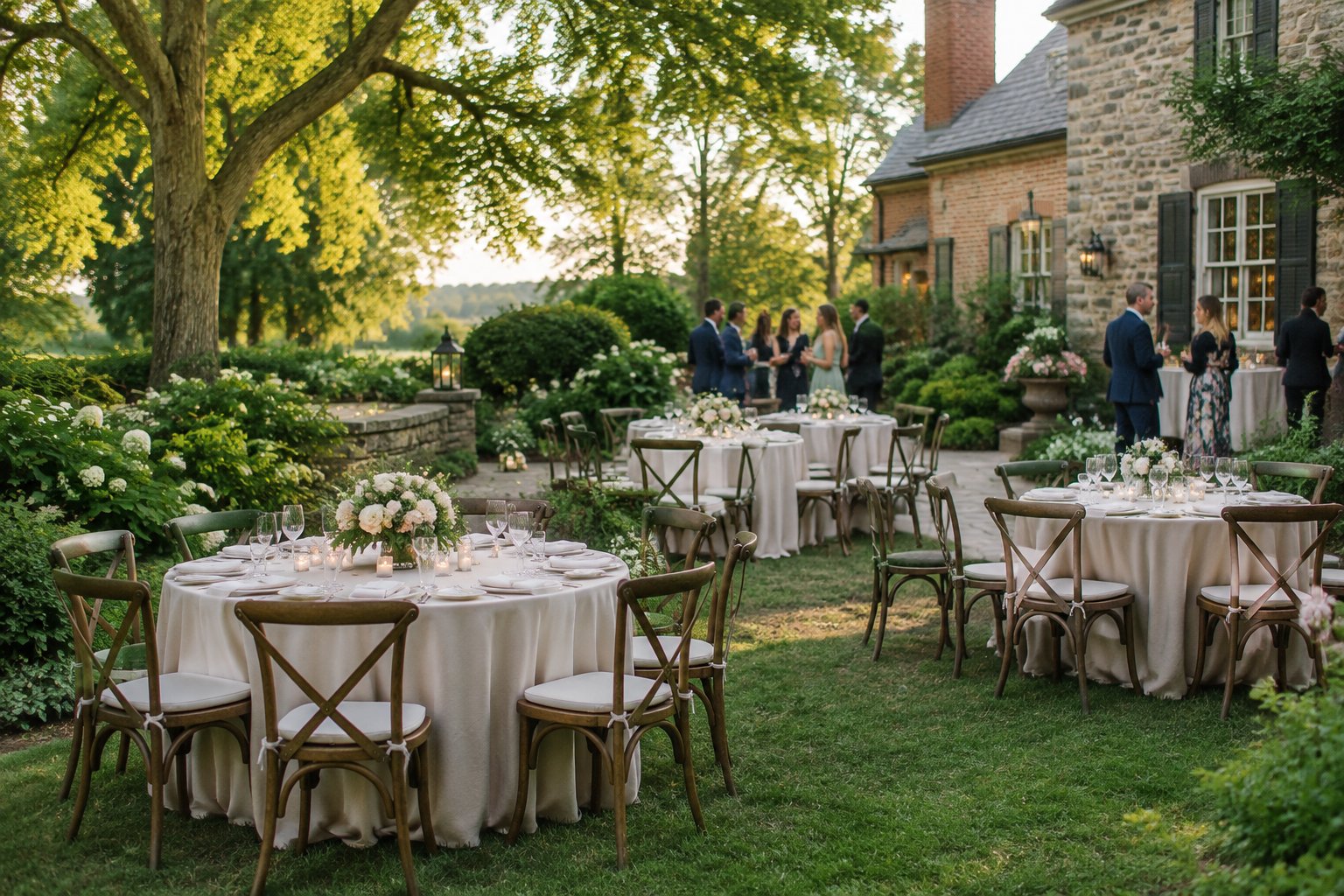 A small wedding reception set in a garden beside a historic manor.