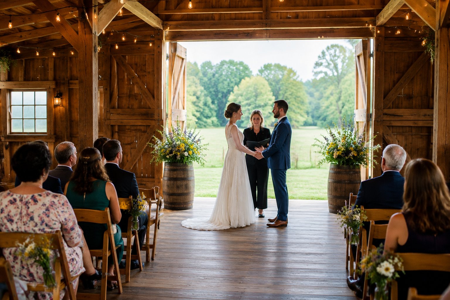 A couple exchanges vows inside a barn as guests watch.