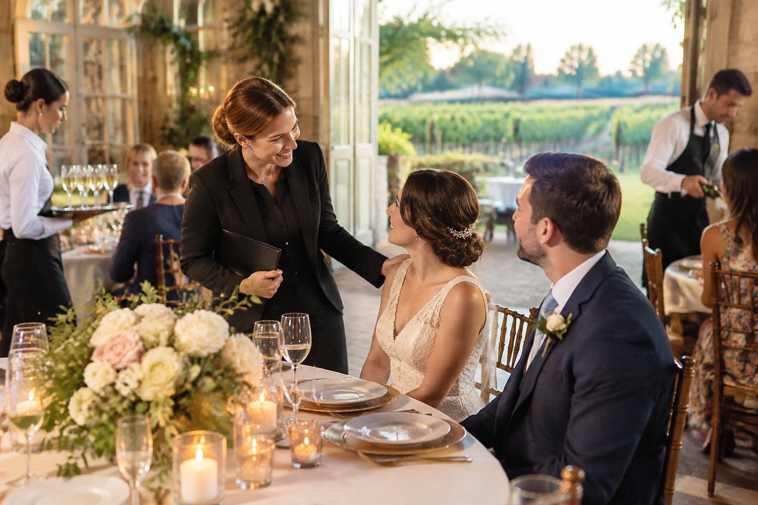 A coordinator assists a couple at a small wedding reception while staff serve guests.