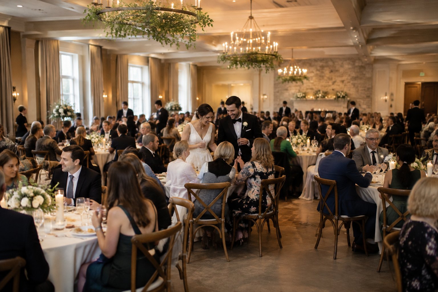 A newlywed couple greets guests at a crowded wedding reception.