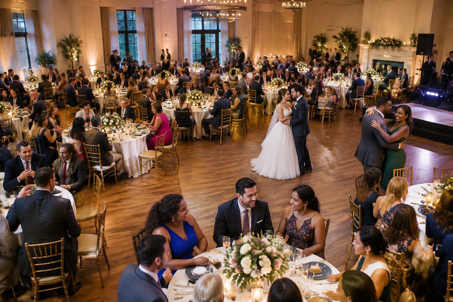 A couple celebrates with guests seated at tables in a large wedding reception.