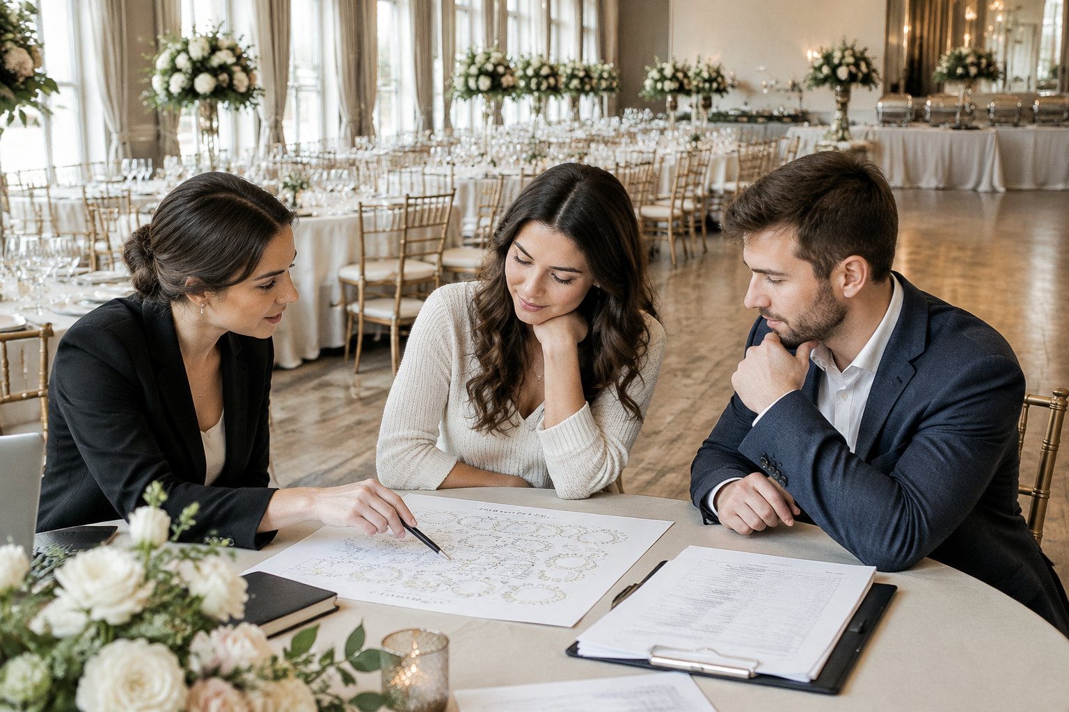 A couple and wedding planner review seating arrangements and budget papers in a reception hall.