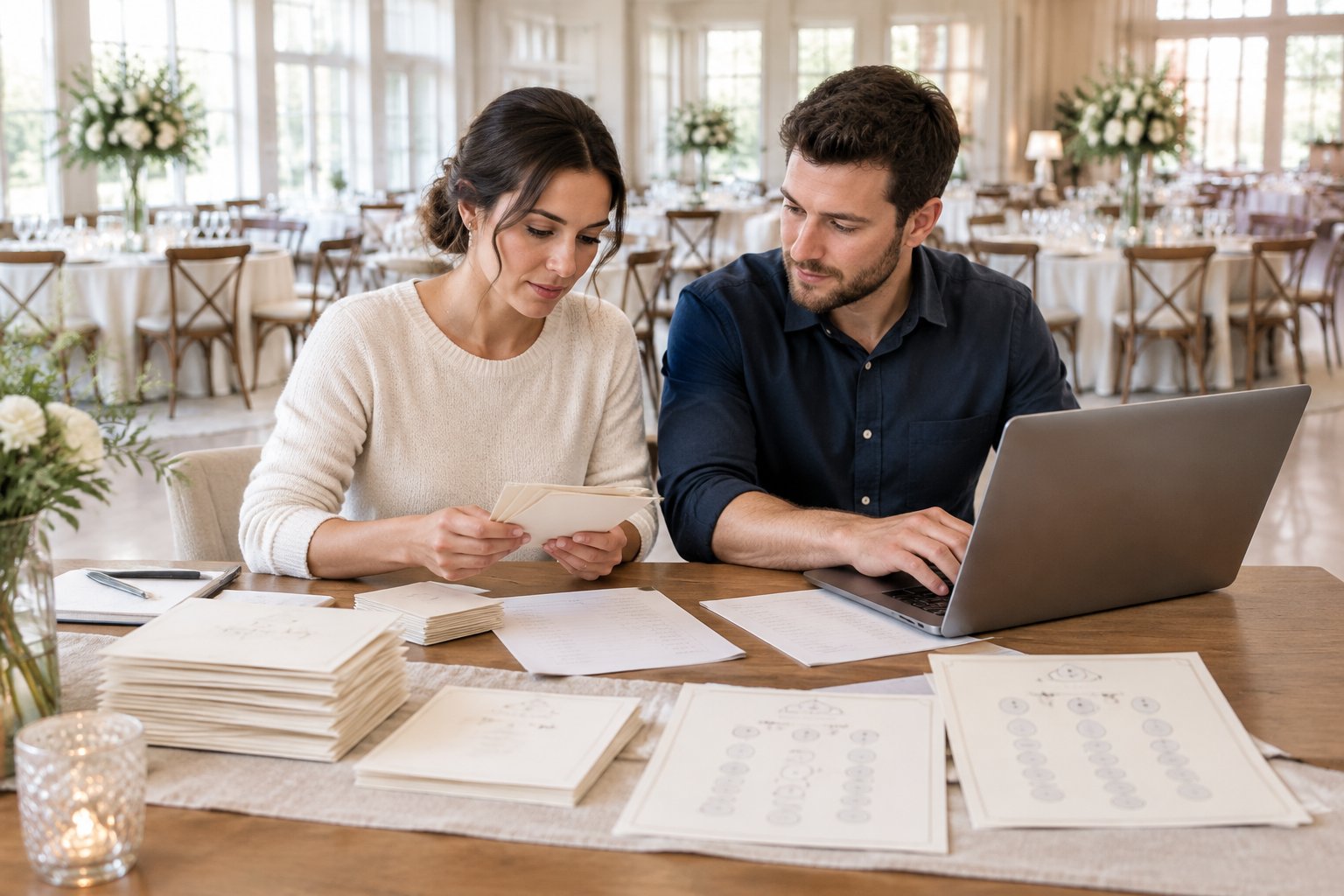 A couple reviews guest-list materials together at a table.