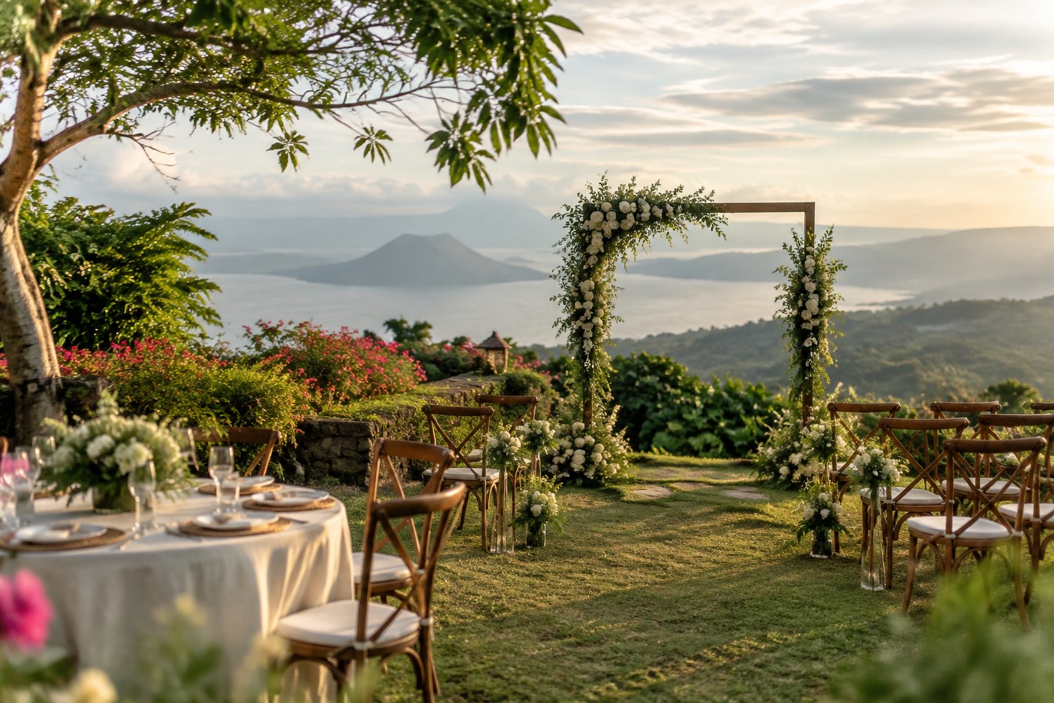 A small garden wedding venue overlooking Taal Lake and volcano.