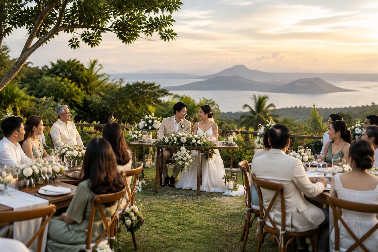 A bride and groom celebrate with a small group of guests at a garden wedding overlooking Taal Lake.