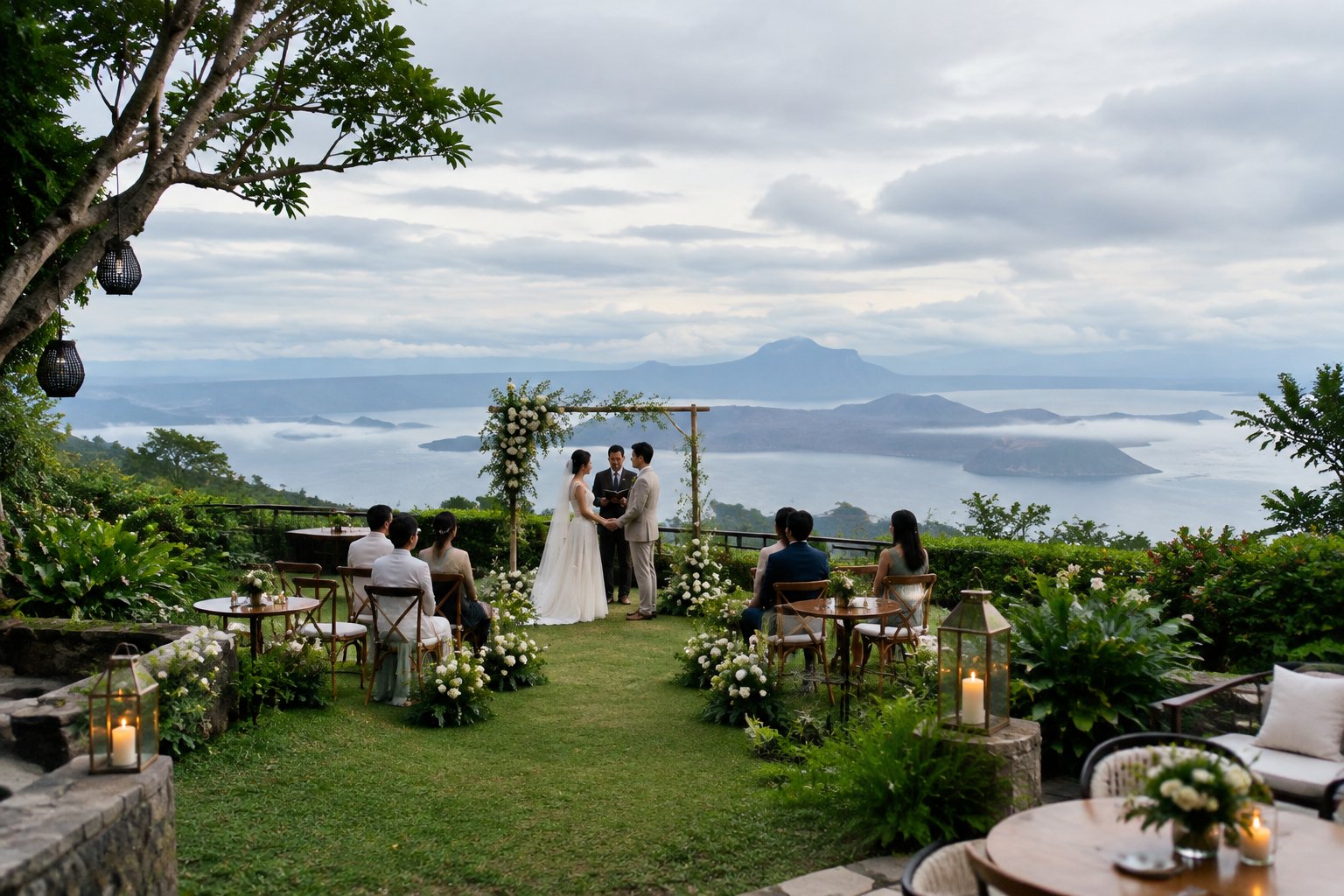 A couple celebrates a small wedding ceremony in a garden overlooking a lake and volcano.