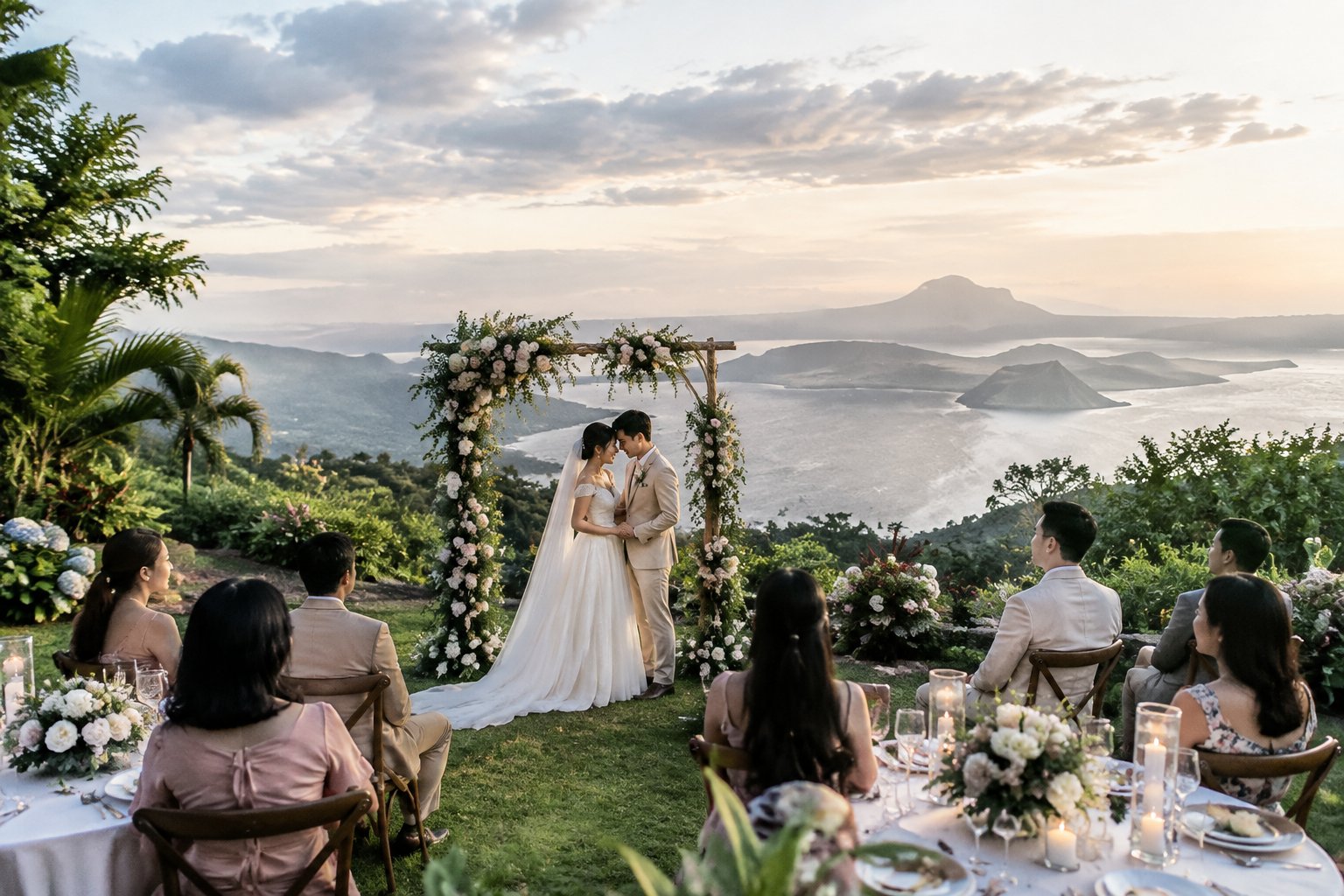 A newlywed couple celebrates with a small group in a garden overlooking Taal Lake and Taal Volcano.