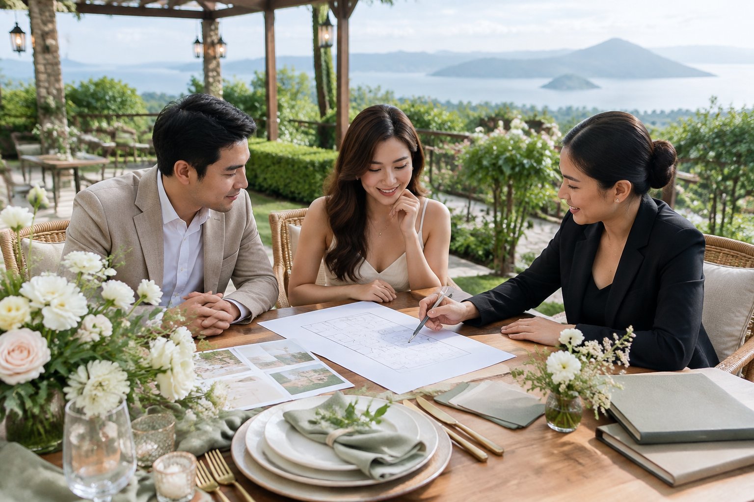A couple and wedding coordinator plan a small garden wedding reception in Tagaytay.
