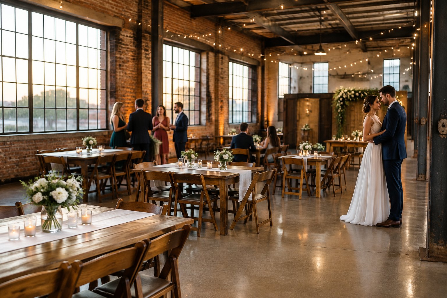 A couple celebrates with guests in a decorated warehouse wedding venue.