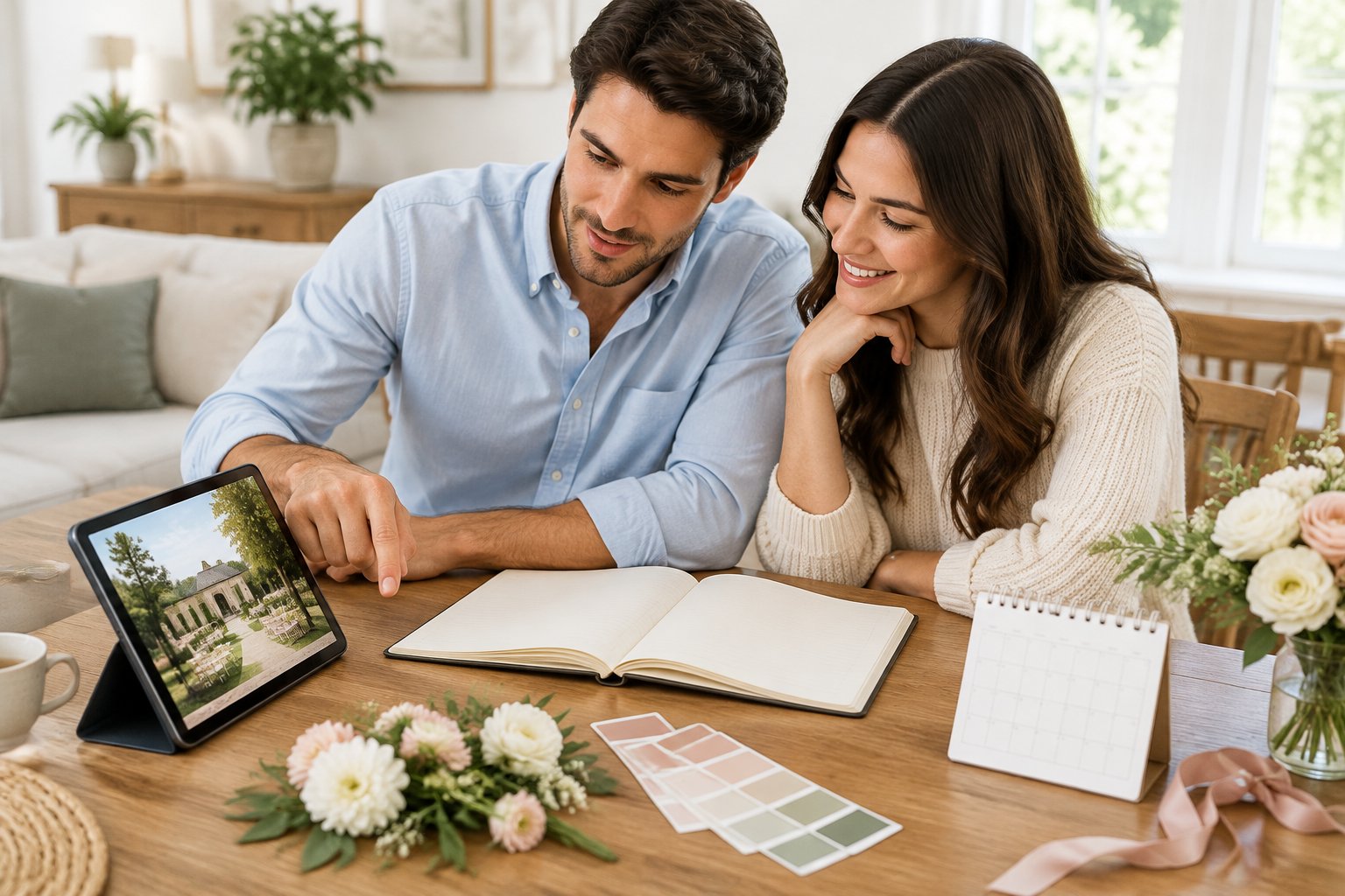 An engaged couple reviews wedding plans together at a table.