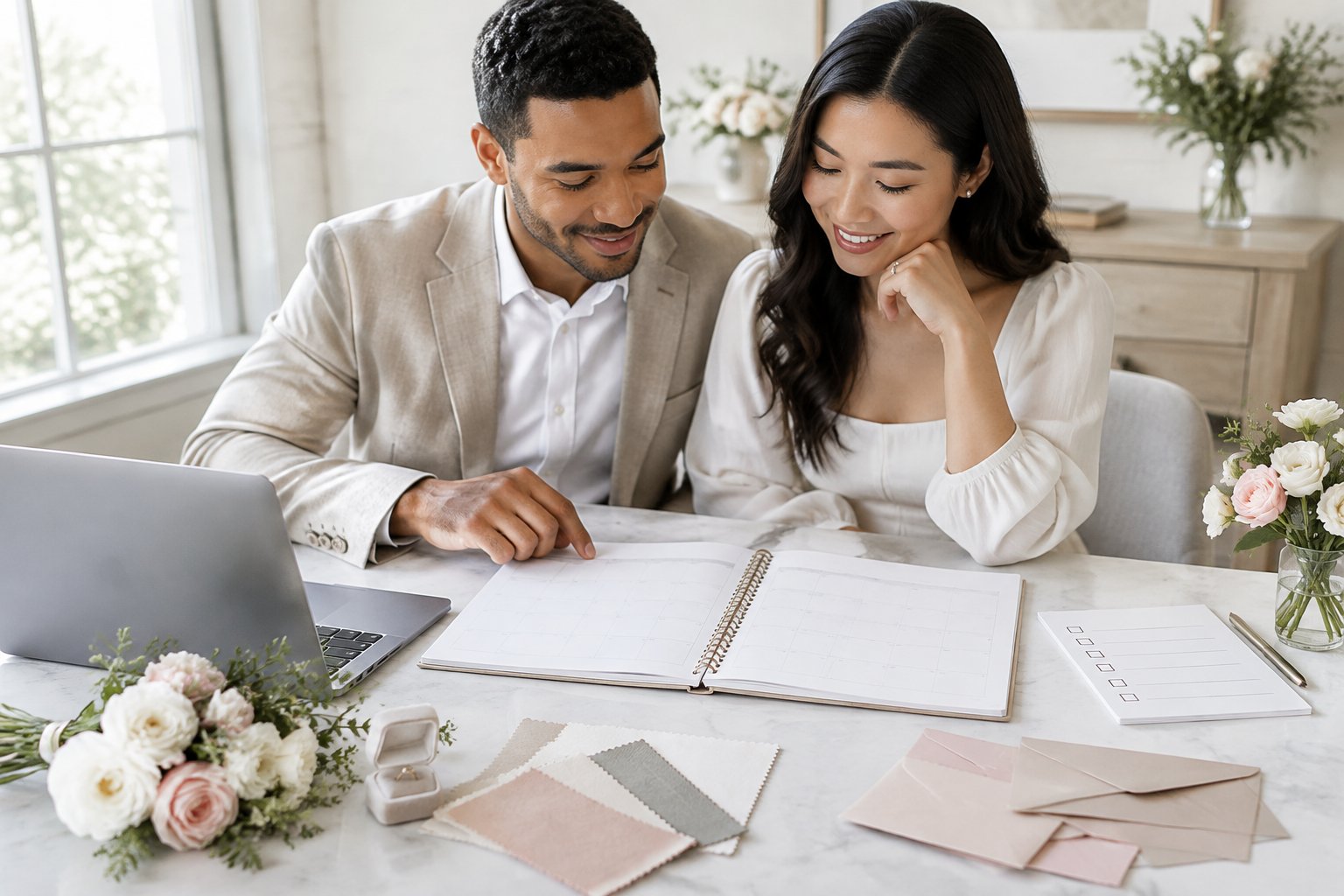 An engaged couple reviews wedding plans together at a table.