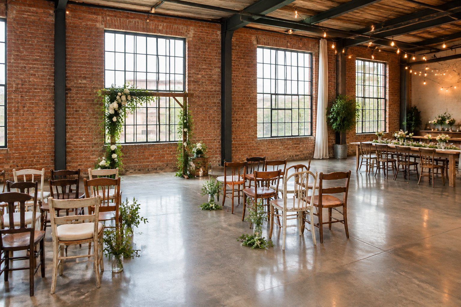 A simple wedding ceremony setup inside a brick-and-steel warehouse venue.