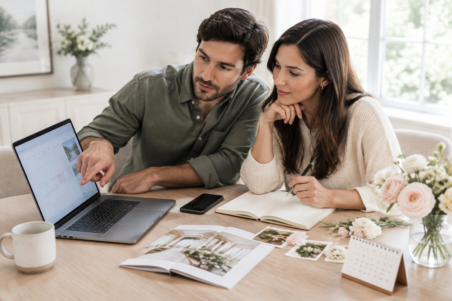 An engaged couple plans their wedding together at a table with a laptop, notebook, and floral samples.