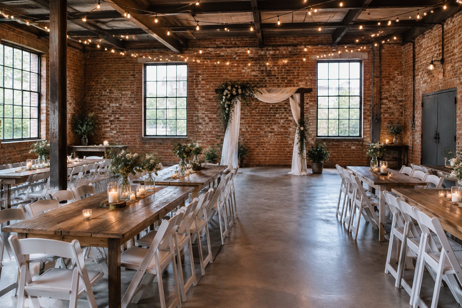 A modest reception room arranged for a small wedding.