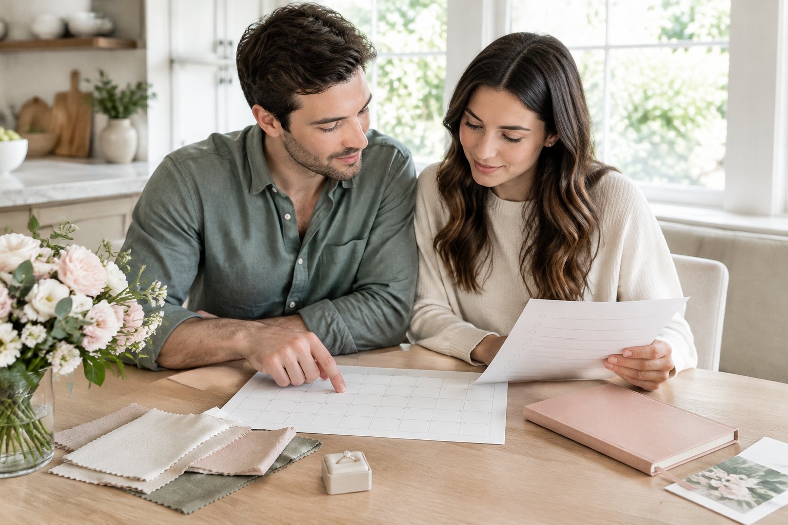 An engaged couple reviews wedding plans together at a table.