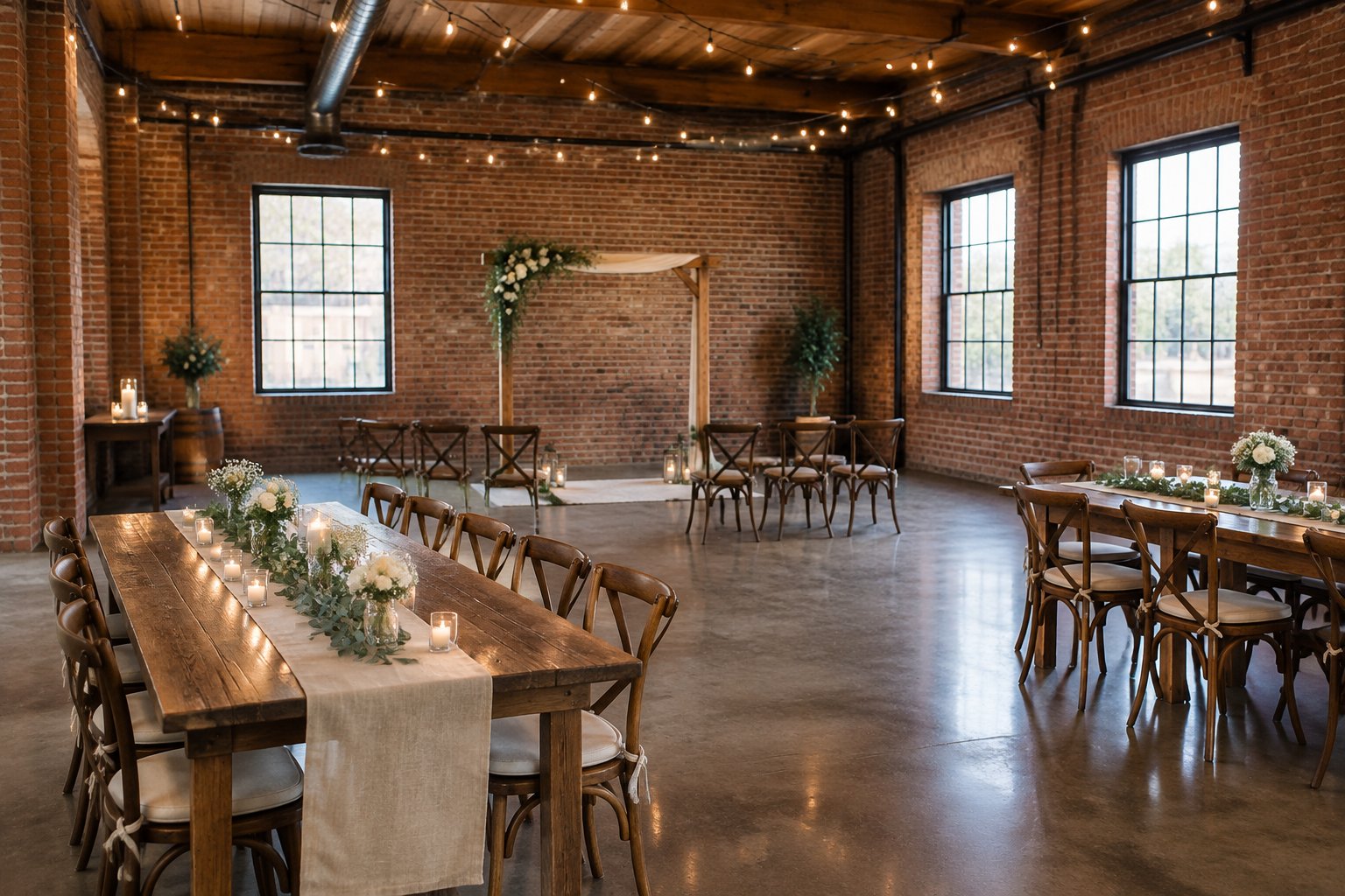 A modest wedding setup in a brick-walled hall with wooden tables, greenery, candles, and string lights.