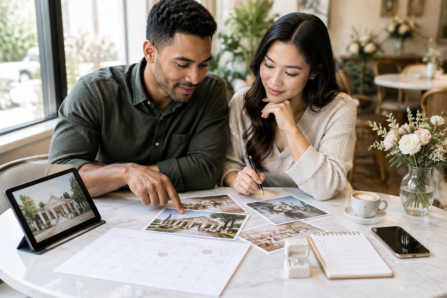 An engaged couple compares wedding-planning options at a café table.