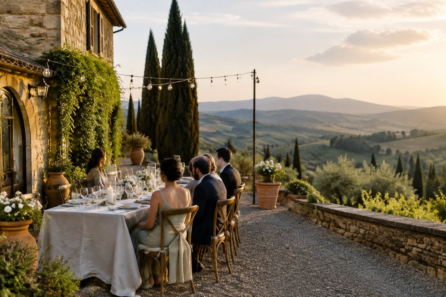 A small wedding dinner in a stone villa courtyard overlooking the Tuscan countryside.