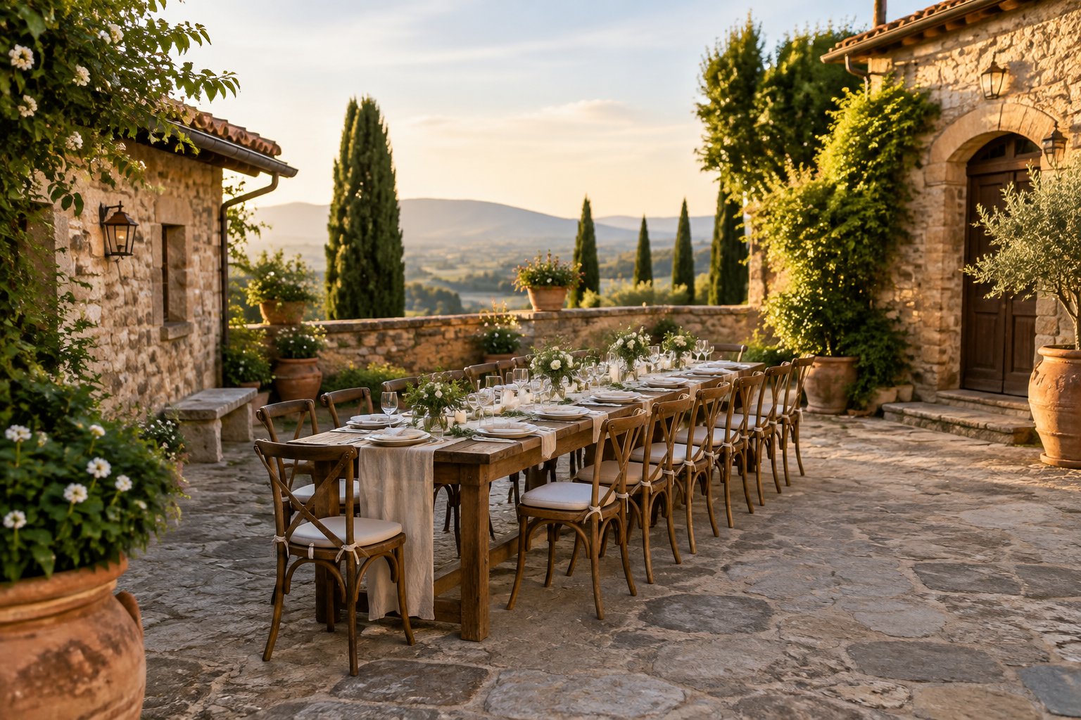 A small wedding reception table in a stone courtyard at a Tuscan villa.