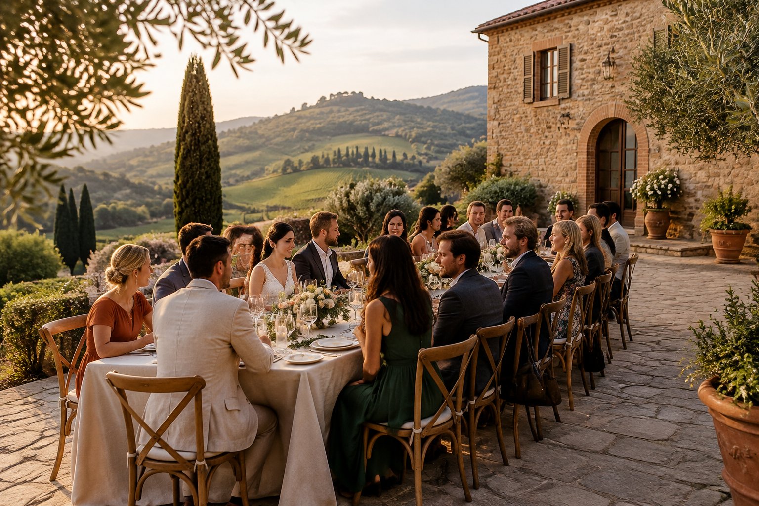 A small wedding gathering at a table in a stone courtyard overlooking Tuscan hills.