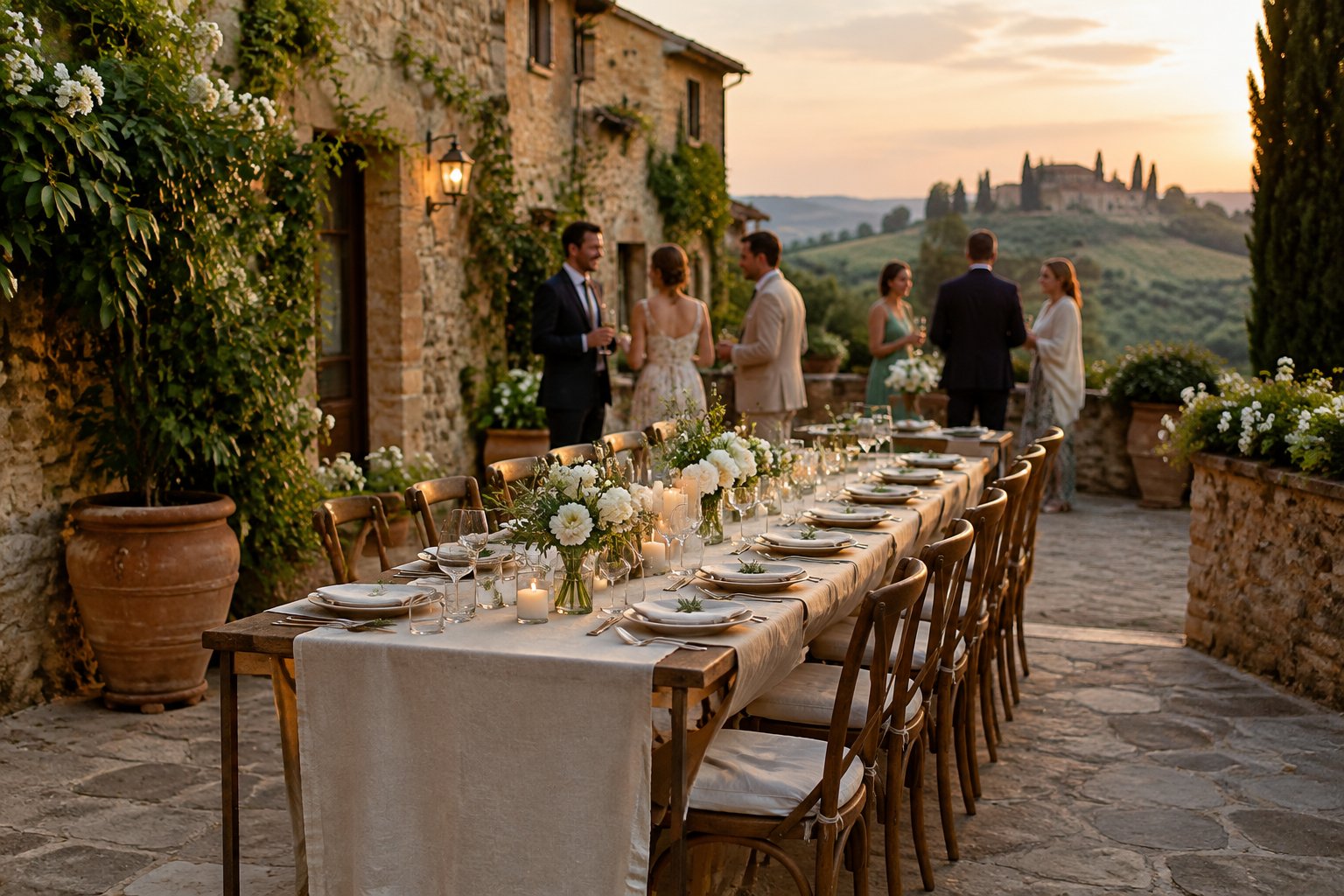 A small wedding reception in a stone Tuscan villa courtyard overlooking rolling countryside.