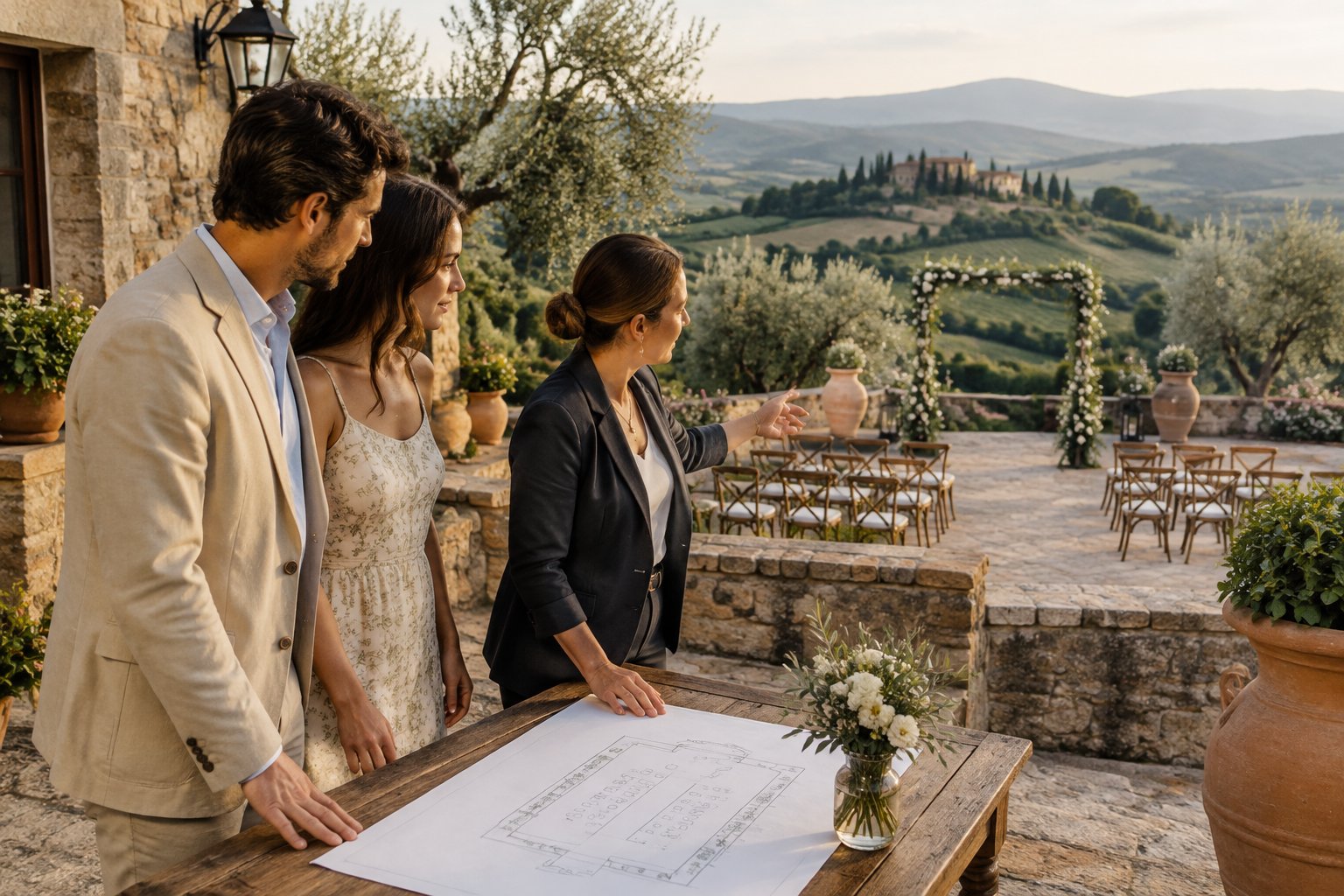 A couple and venue coordinator review a wedding layout on a terrace overlooking the Tuscan countryside.