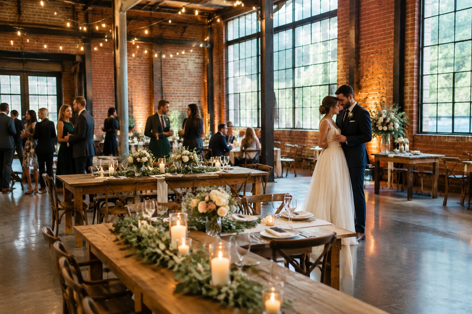 A couple celebrates with guests in a warmly lit warehouse wedding venue.