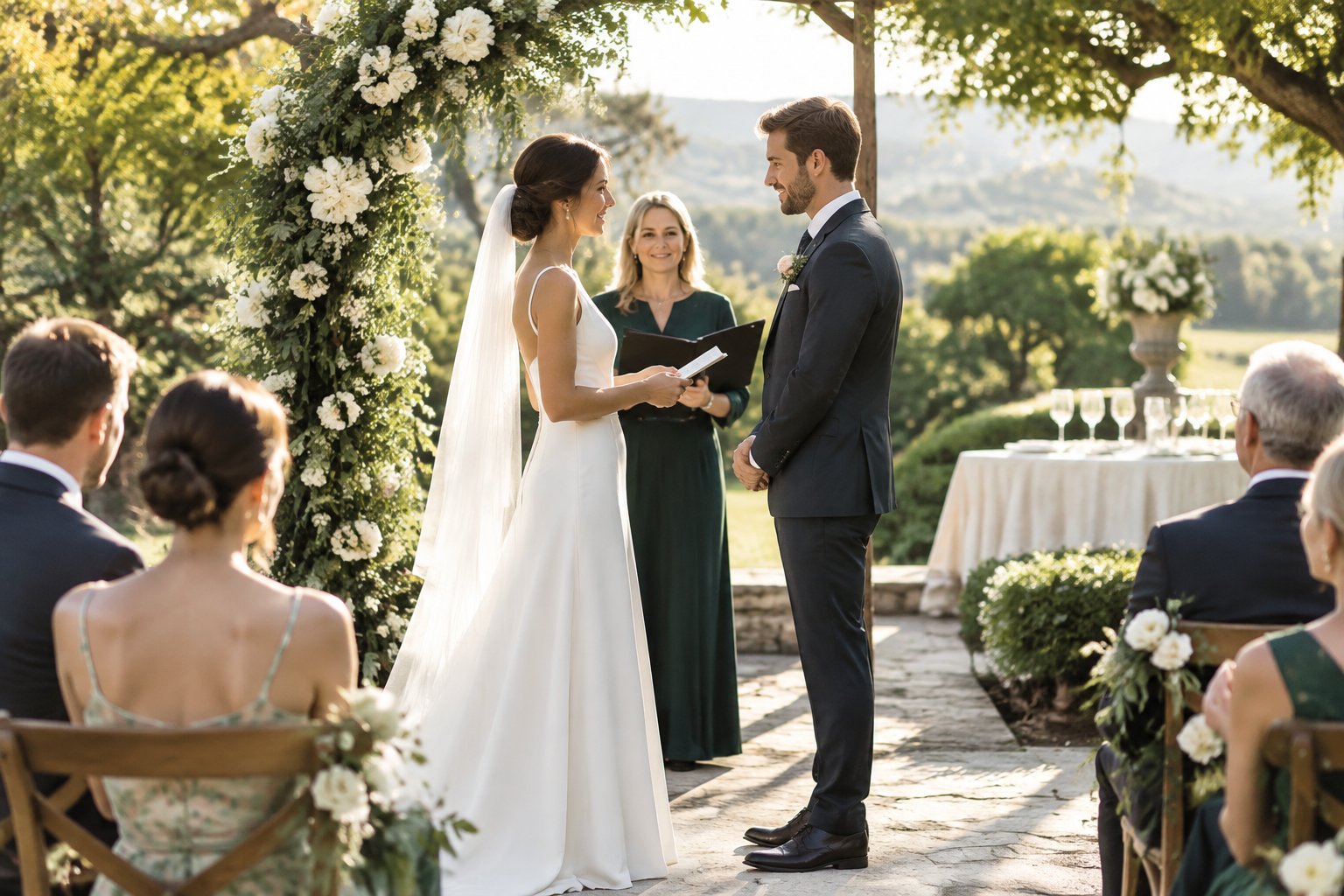 A couple exchanges vows beneath a floral arch as guests watch.