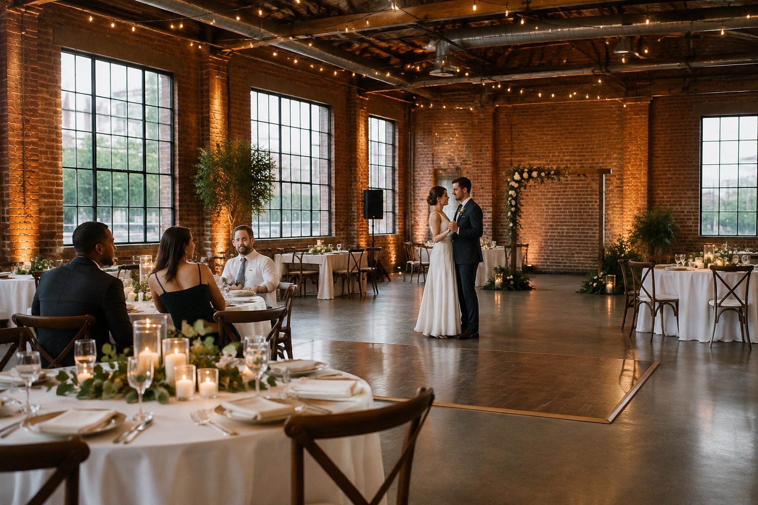 A couple celebrates with guests in a brick industrial wedding venue.