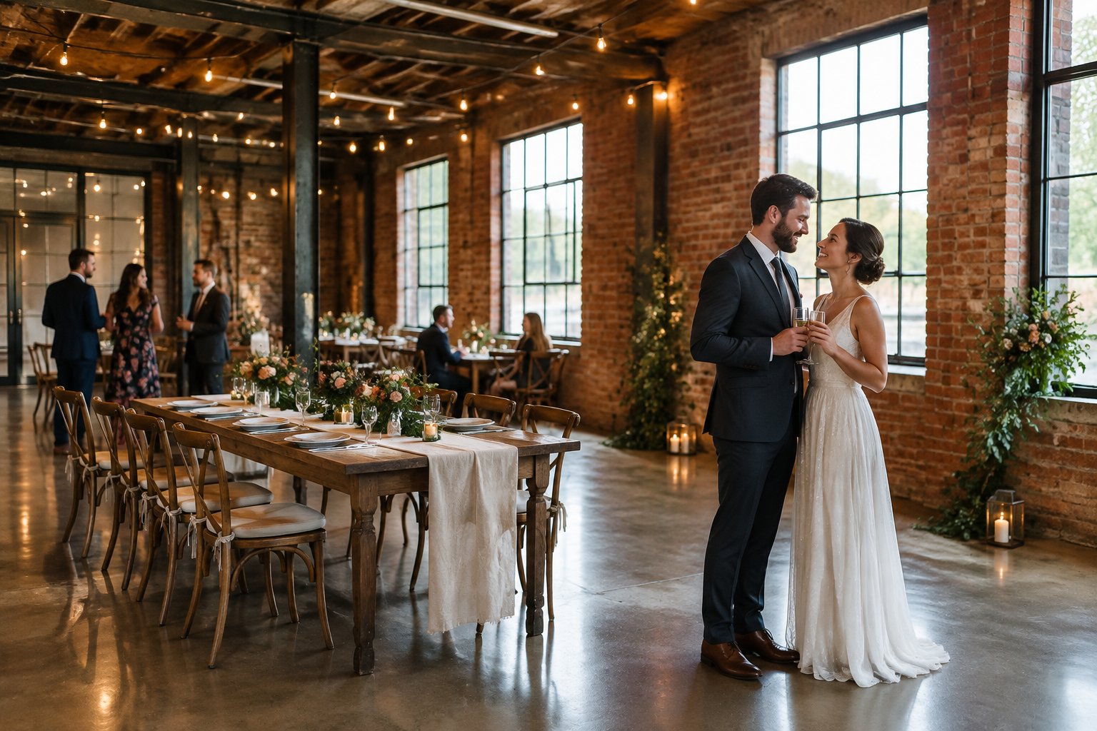 A couple celebrates with guests in a converted warehouse wedding venue.